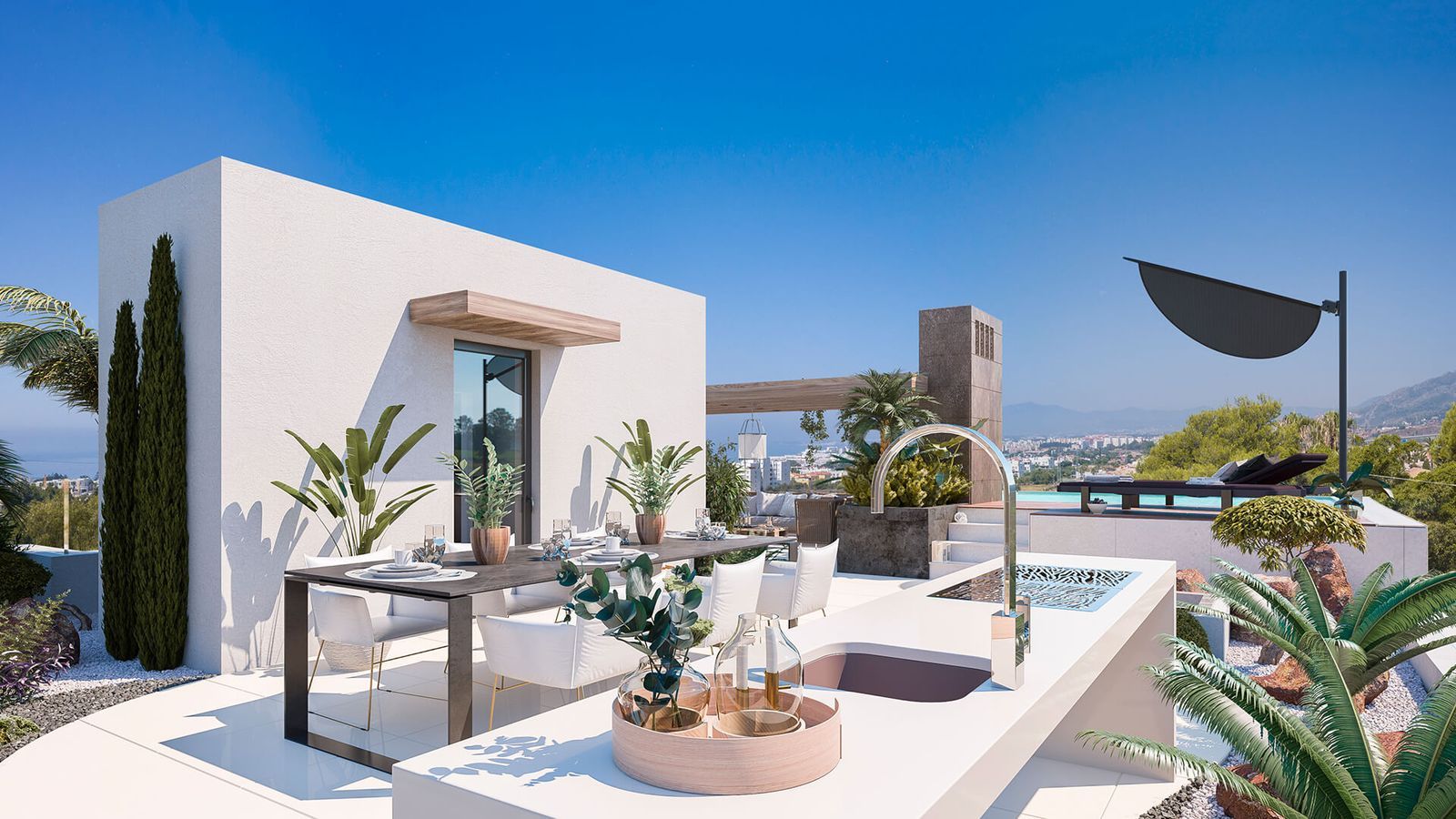 Luxuriöse Außenterrasse mit Essbereich und Pool, Rio Real.