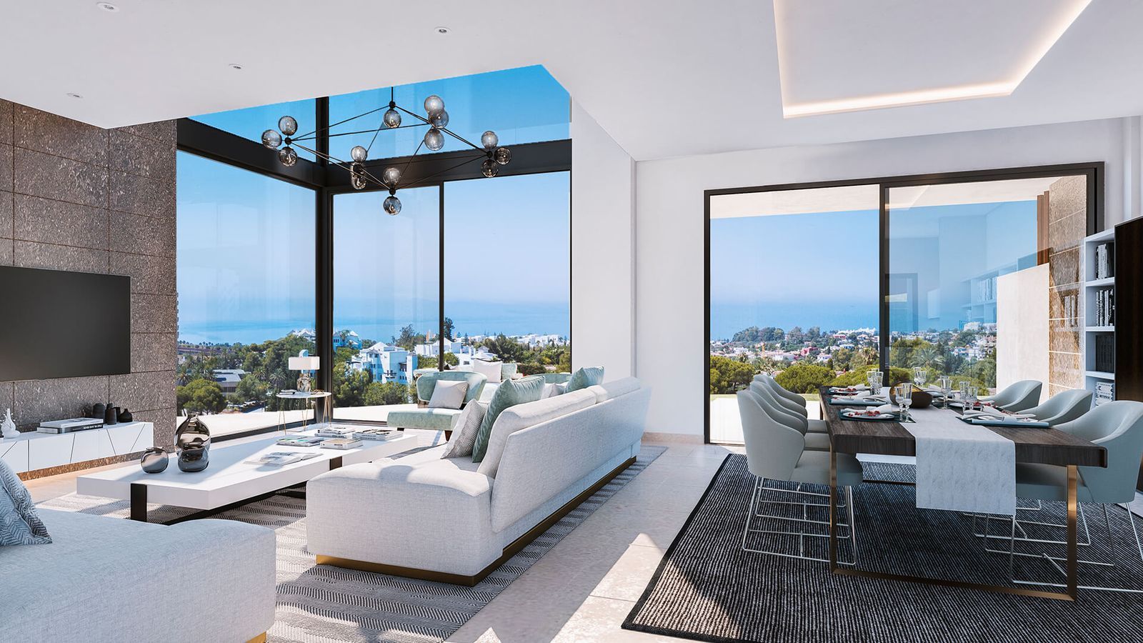 Modernes Wohnzimmer in Rio Real mit Meerblick und luxuriöser Ausstattung.